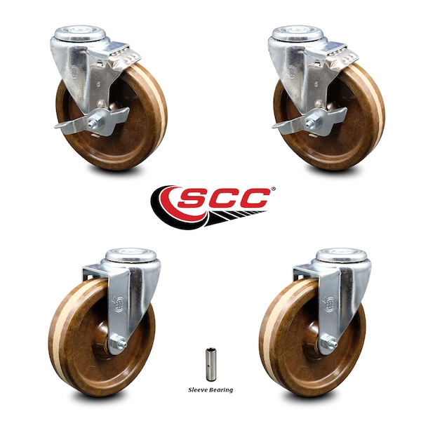 5 Inch High Temp Phenolic Wheel Swivel Bolt Hole Caster Set with 2 Brake SCC
